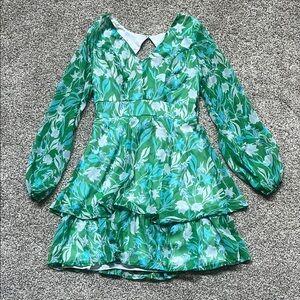Floral Green White & Blue Long Sleeve Dress